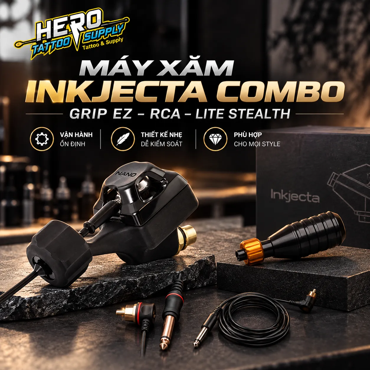 Máy Xăm Inkjecta Combo – Grip EZ – RCA – Lite Stealth